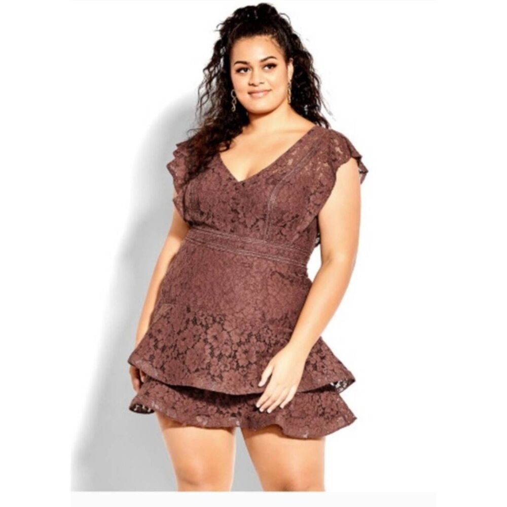 City Chic Dress Sienna Deep Guava Women's Plus XS (14/L) Lace Ruffles BNWT